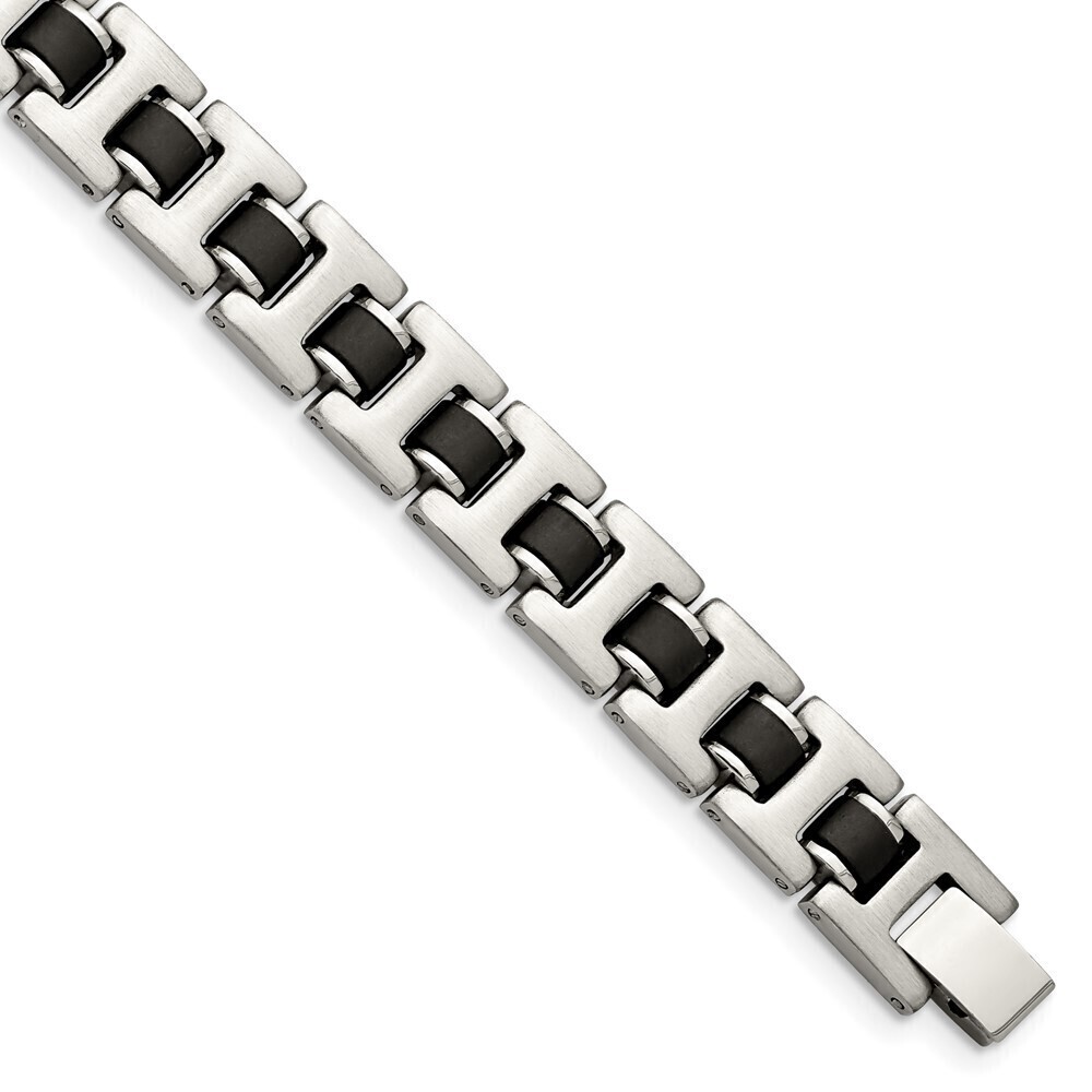 Kazi Luxury Chisel Stainless Steel Brushed with Black Rubber 8.5 inch Bracelet